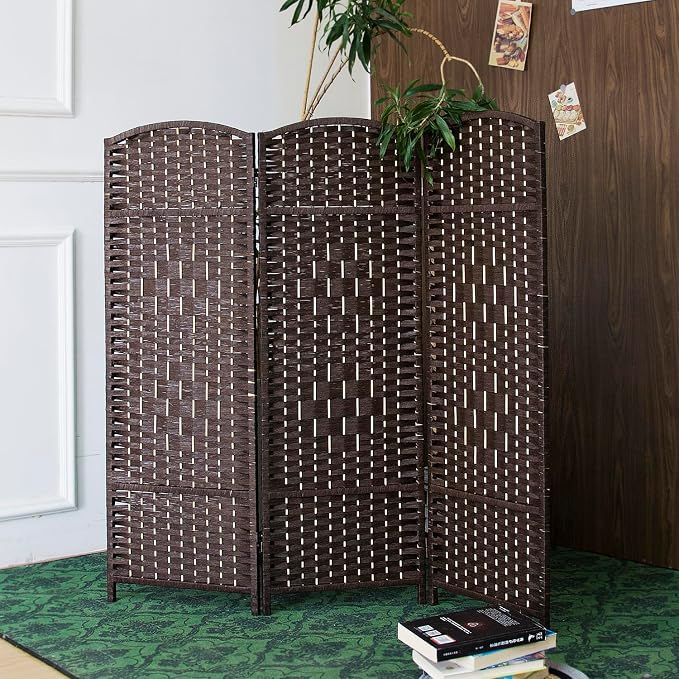 3 Panel Dark Brown Rattan Room Divider, 47.2" Low Height Double-Sided Folding by Furnnylane