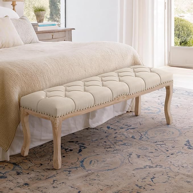 Bedroom Bench, French Vintage Tufted Entryway 52.5" Carving Upholstered End of - Image 2
