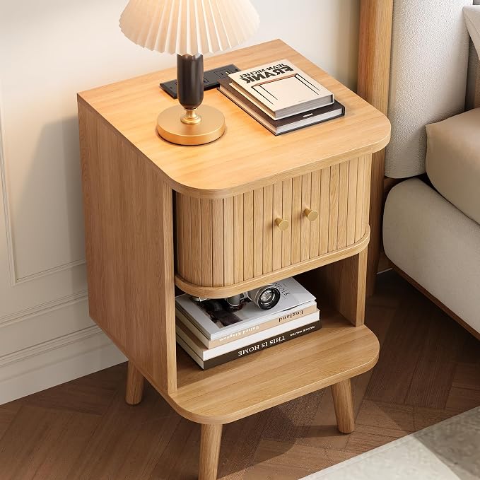 Decofy Fluted Nightstand with Charging Station & Sliding Door, Oak | Open Shelf - Image 5