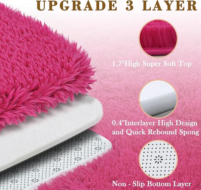 4x6 Area Rugs for Bedroom, Hot Pink Soft Fluffy Shag Bedside Rugs | Non-Slip - Image 3