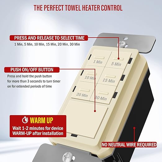 ENERLITES 30-Minute Countdown Timer Switch, 1-5-10-15-20-30 Min, for Bathroom Fans, Heaters, Lights, LED Indicator, 120VAC 800W, No Neutral Wire Required, UL Listed, HET06A-J-LA, Light Almond