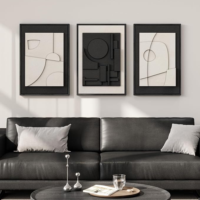 3D Textured Framed Black and White Abstract Wall Art Set of 3, 16x24 In | Solid - Image 2