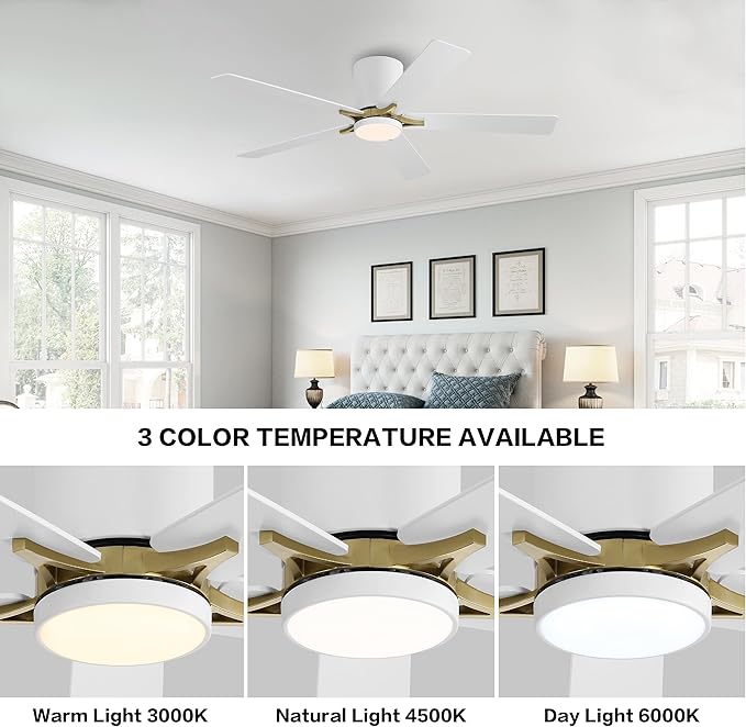 WINGBO 52" DC Flush Mount Ceiling Fan with Lights, 5 Plywood Blades, 6-Speed Reversible DC Motor, 3CCT, Low Profile Hugger Ceiling Fan for Living Room Bedroom Kitchen, White and Brass