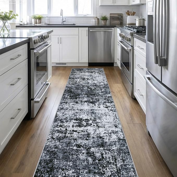 2.6x14 Washable Runner Rug:Modern Abstract Indoor Carpet Black | by FXRHLP