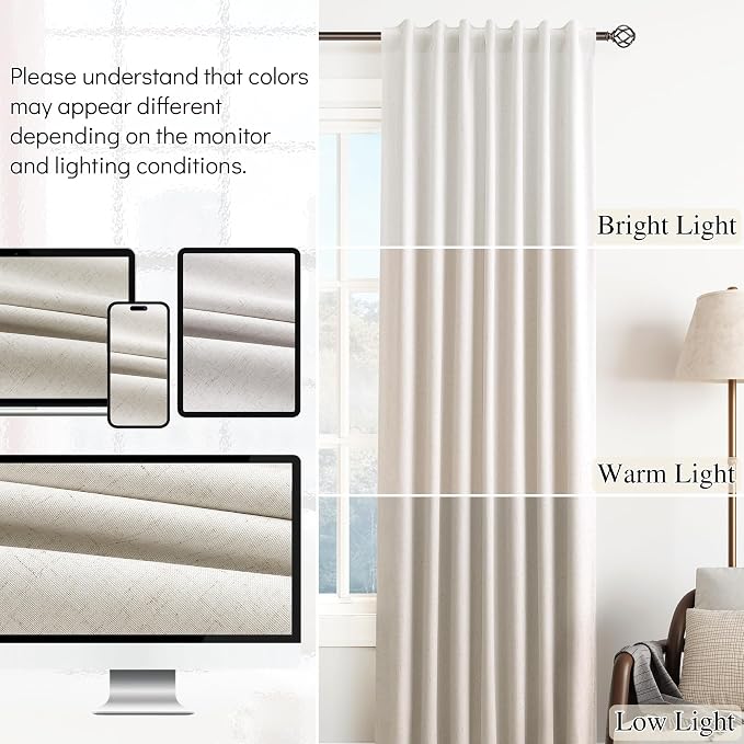 Cream Natural Light 100% Blocking Linen Curtains 120 Inches Long Blackout - Image 7
