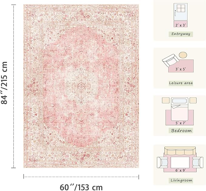 Latte&Fog 3x5 Entryway Pink Area Rugs, Vintage Floral Washable Rugs | - Image 2