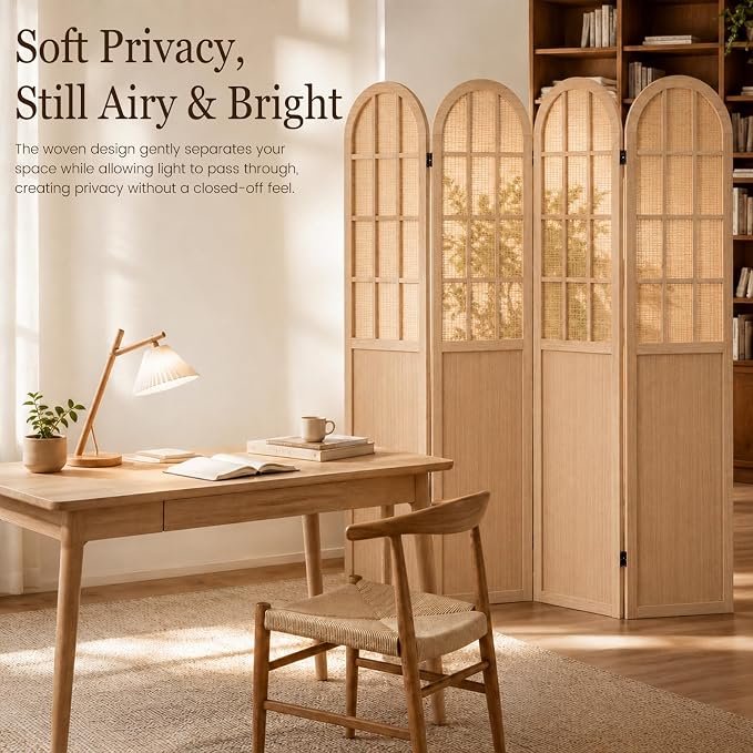 4 Panel Room Divider Privacy Screen Bamboo Wood Light Brown | Folding - Image 4