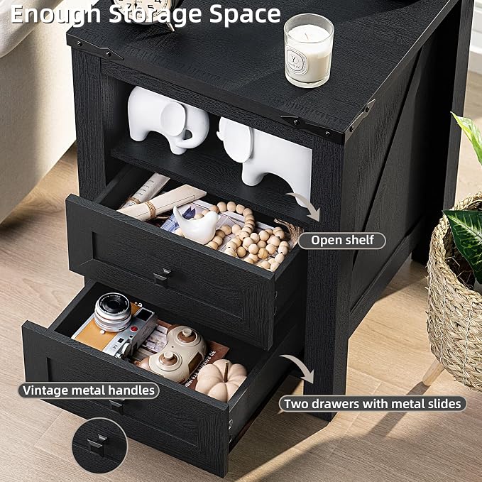 Joaxswe Nightstand with Charging Station and 2 Drawers, Farmhouse | Black Night - Image 7