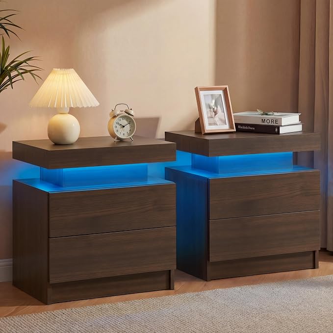 Brown Modern LED Nightstand Set of 2 by Unknown