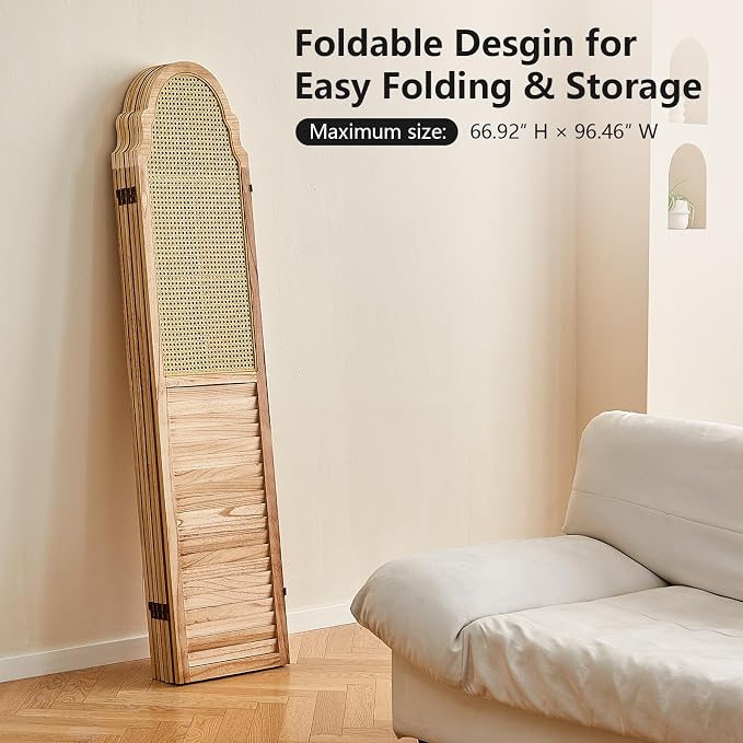 6 Panels Room Divider, Rustic Rattan Room Divider, Wood Folding Privacy Screen - Image 4