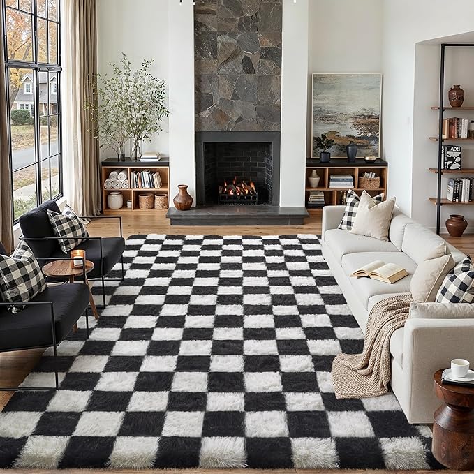 Checkered Rug 6x9 for Living Room Black and White Soft Shag Rugs | Machine - Image 3