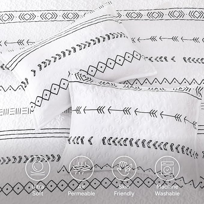 White Twin Quilt Set, 2 Pieces Boho Lightweight Striped Bedspread | Soft White - Image 5