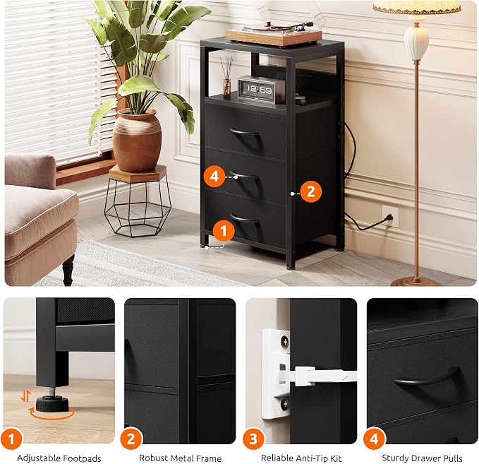 Lazzanto Night Stand with Charger Station, 3 Fabric Drawers, Bedside Table - Image 6