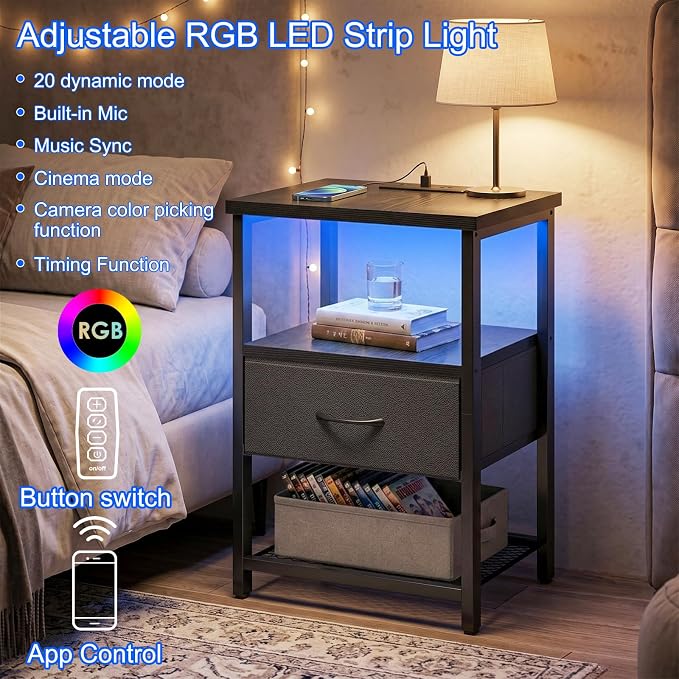 Fixwal Night Stand with Charging Station, 1 Drawer | fabric drawer, built-in - Image 4