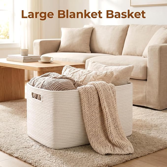 OIAHOMY 75L Large Blanket Basket, Woven Cotton Rope Baskets - Image 2
