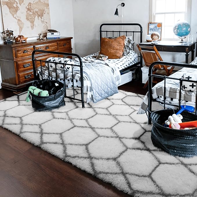 5x7 Area Rugs for Living Room Bedroom, Fluffy White and Grey Throw Rug - Image 9
