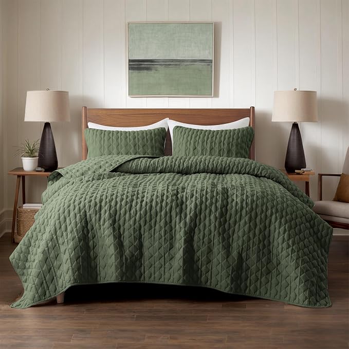 WDCOZY Olive Green Quilts Queen Size Bedding Set - Image 2