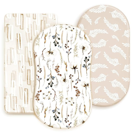 GRSSDER Stretchy Ultra Soft Fitted Bassinet Sheet Set 3 Pack, Universal Fit for Bassinets Baby Cradle Moses Basket Oval Rectangle Mattress Safe and Snug, Stylish Pretty Flora for Baby, Beige