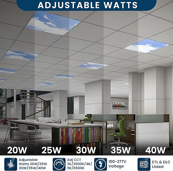 4 Pack 2x4 LED Flat Panel Light Drop Ceiling Fixture with Cloud Design, 7000LM Tunable 20W-40W, 3000K-6500K 0-10V Dimmable Skylight Recessed Fixture for Office Shop, ETL & DLC 24x24 Inch LED Panel