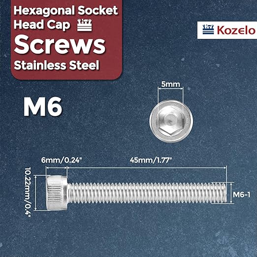 Kozelo 20pcs Socket Head Cap Screws - [M6-1 x 45mm] 304 Stainless Steel Allen Socket Drive for Electrical Motor 3D Printing Fan Engine Replacement Use, Silver