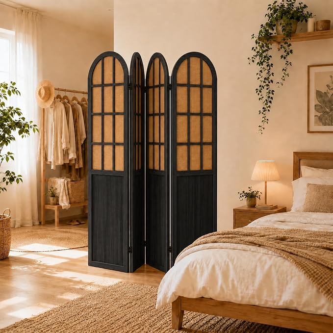 4 Panel Room Divider Privacy Screen Bamboo Wood Black | Folding Freestanding - Image 6