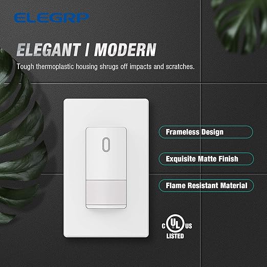 ELEGRP Occupancy Motion Sensor Light Switch, PIR Infrared Motion Activated Wall Switch, No Neutral Wire, Single Pole for CFL/LED/Incandescent Bulb, with Wall Plate, UL Listed (10 Pack, Matte White)