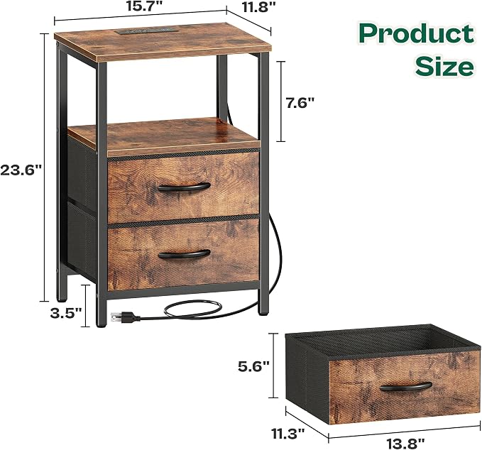 Huuger Night Stand with Charger Station and LED Lights, 2 Drawer Nightstand | - Image 3