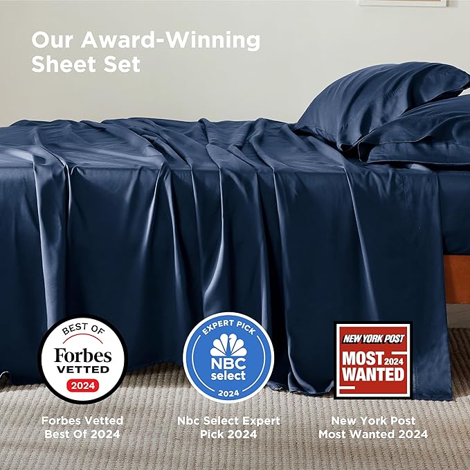 Bedsure California King Sheet Sets, Cooling Sheets for Hot Sleepers, Rayon Derived from Bamboo, Breathable & Soft, Deep Pocket Up to 16 Inches, Hotel Luxury Silky Bedding, Navy