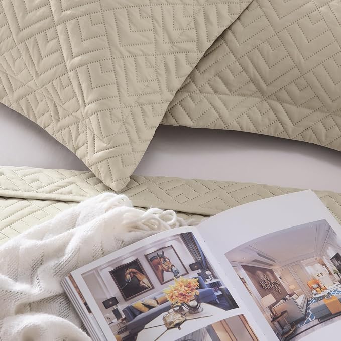EXQ Home King Size Quilt Set Squares Pattern Bedding Set Lightweight Beige | - Image 7