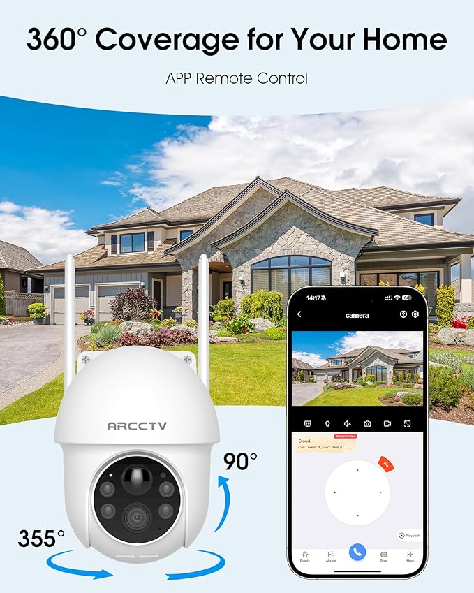 ARCCTV Solar Security Cameras Wireless Outdoor, 4MP 360° View Battery Powered Outdoor Camera, Night Vision with Spotlight, 2-Way Audio, PIR Motion Sensor, 2.4G/5G Dual Band WiFi, SD/Cloud Storage