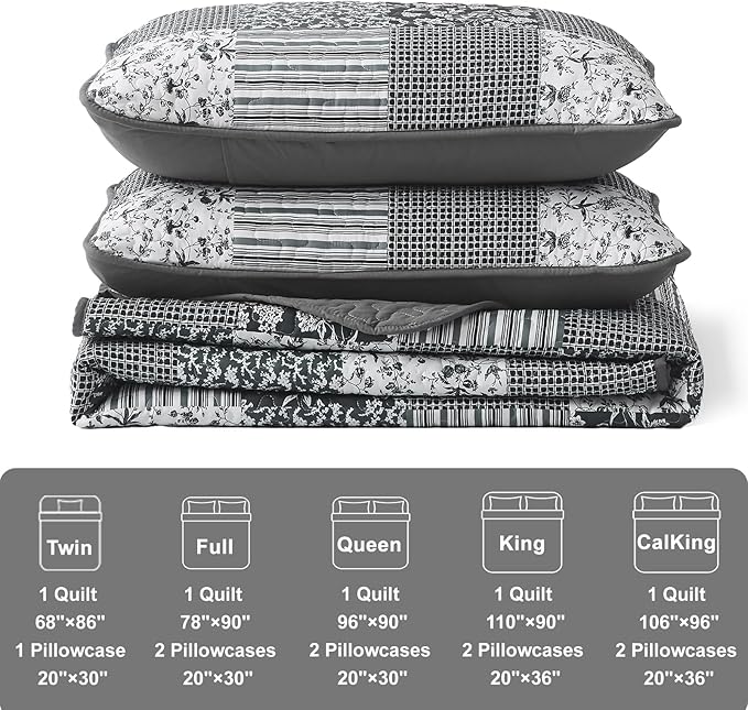 Mybedsoul Black Grey Boho Quilt Set California King Size, 3 Pieces Plaid Floral - Image 5