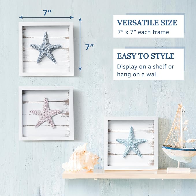 Tide and Tales 3D Starfish Wall Art, Framed Set of 3, Beach Bathroom Decor | 7" - Image 3