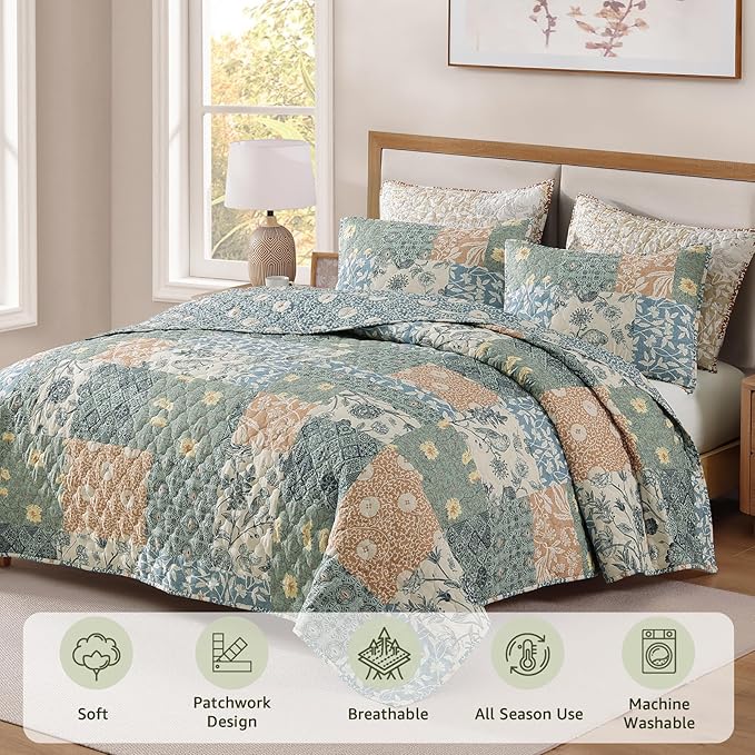 Oversized Queen Quilt Set-3 Pieces Soft Bedspread Floral Patchwork Quilt | - Image 3