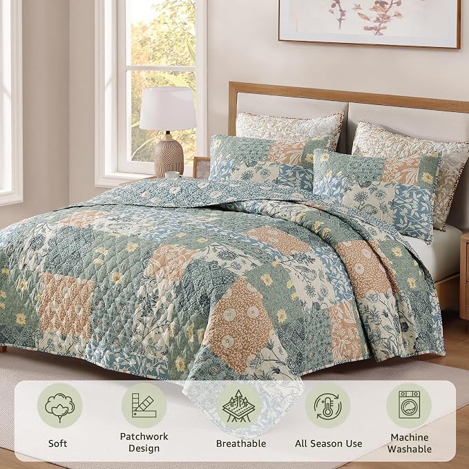 California King Quilt Set-3 Pieces Soft Bedspread Floral Patchwork Quilt | - Image 3