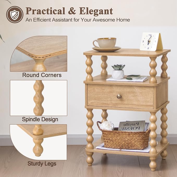 AWASEN Nightstand with Drawer, Walnut Bedside Table with Storage, End Table | - Image 4