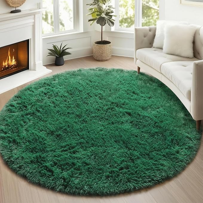 Dark Green Round Area Rugs 5ft, Fluffy Soft Bedroom Circle Rug - Image 6