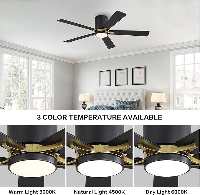 WINGBO 52" DC Flush Mount Ceiling Fan with Lights, 5 Plywood Blades, 6-Speed Reversible DC Motor, 3CCT, Low Profile Hugger Ceiling Fan for Living Room Bedroom Kitchen, Black and Brass