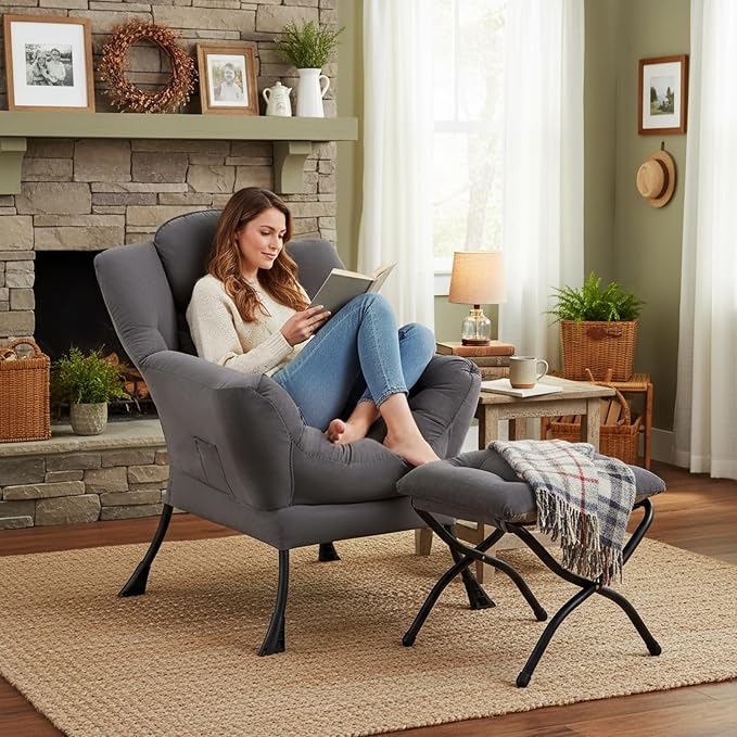 Furlide Lazy Chair with Ottoman, Comfy Fabric Accent Lounge Arm Chair with - Image 3