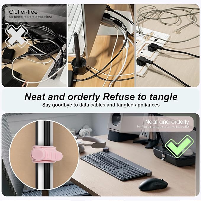 Silicone Cable Ties, Cord Organizer Cable Management, 2Sizes-Pink | Reusable - Image 3
