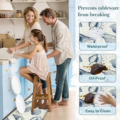 Kitchen Mats for Floor Cushioned Anti Fatigue Sets of 2 Beach Theme Kitchen Rugs Non Slip Waterproof Coastal Foam Kitchen Floor Rug Nautical Coral Seashell Comfort Standing Mat for Sink Laundry, Navy
