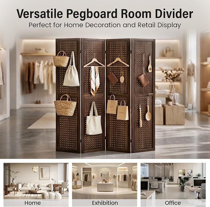 4 Panel Pegboard Room Divider, Folding Privacy Screen, Freestanding Wooden - Image 5