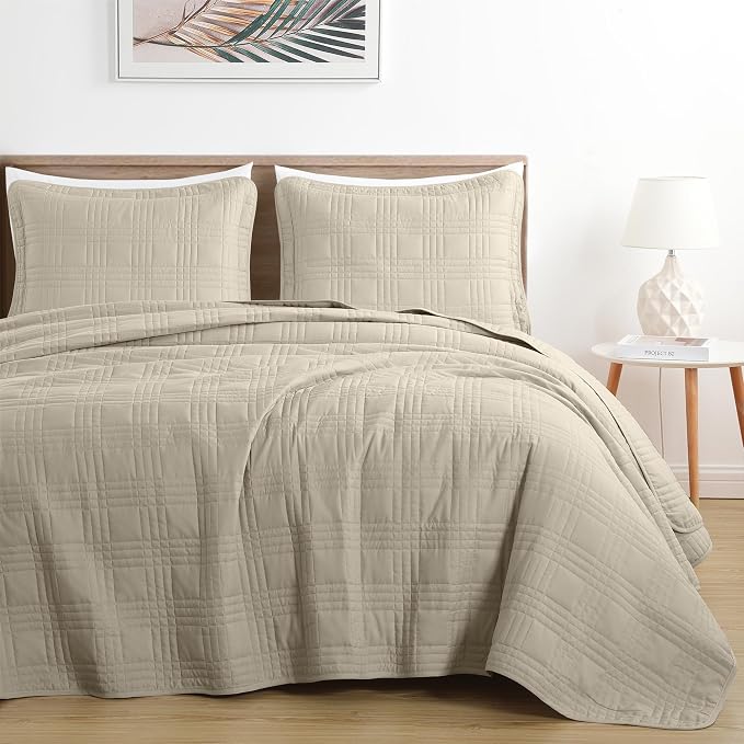Chezmoi Collection Kingston King Size Bedspread Set, 3-Piece Khaki Oversized - Image 2