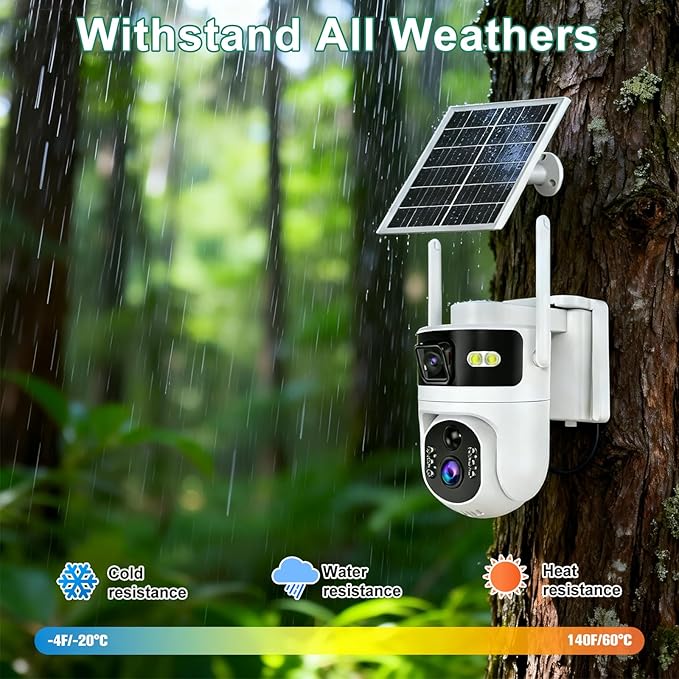 Kweiugfi 4G LTE Cellular Security Camera Dual Lens Outdoor,180-Day Unlimited Data,2K Wireless Solar Security Camera,360° Pan and Tilt,PIR Motion,Sensor Color Night Vision,Built-in VSIM,64GB SD Card