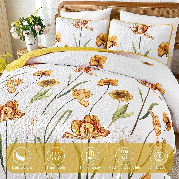 WONGS BEDDING Yellow Quilt Set Queen Size, Colorful Floral Quilt Set - Image 5