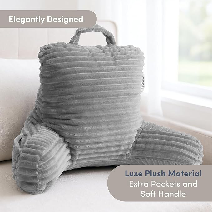 Nestl Reading Pillow for Kids & Teens with Shredded Memory Foam, Luxe Cut Plush Backrest Pillows for Reading and Gaming, For use on Couch, Bed, Floor, Adjustable Support with Washable Cover Light Grey