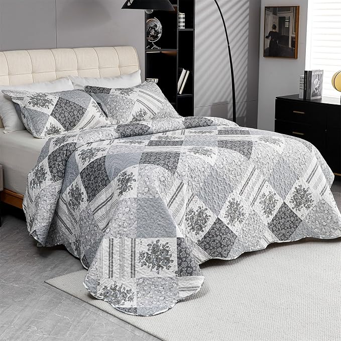 Cmfshape Summer Floral Queen Bedspread, Romantic Grey Quilt Set Full, - Image 2