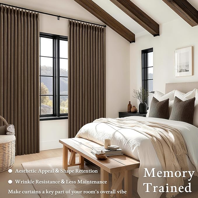 Pleated Blackout Brown Linen Blend Window Curtains 96 Inches Long 2 Panels | - Image 4