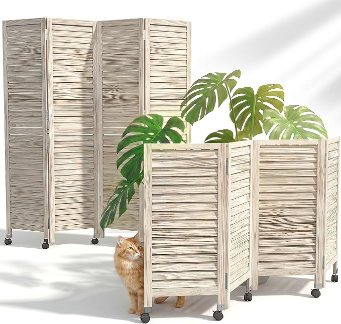 Amsleekey 4 Panel Wood Room Divider, Lockable Wheels, Freestanding Wall Divider by Amsleekey
