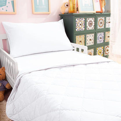 NTBAY Toddler Bedding Set - 4 Piece Soft and Breathable Crib Bedding Set for Boys and Girls, Includes Quilted Comforter, Fitted Sheet, Flat Top Sheet and Envelope Pillowcase, White