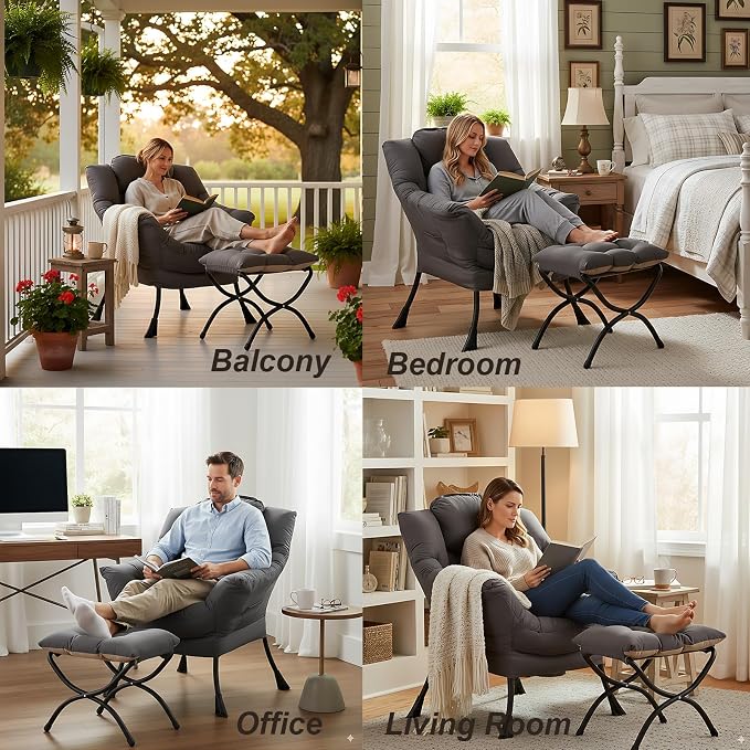 Lazy Chair with Ottoman, Comfy Accent Reading Chair, Dark Grey | Foldable - Image 8
